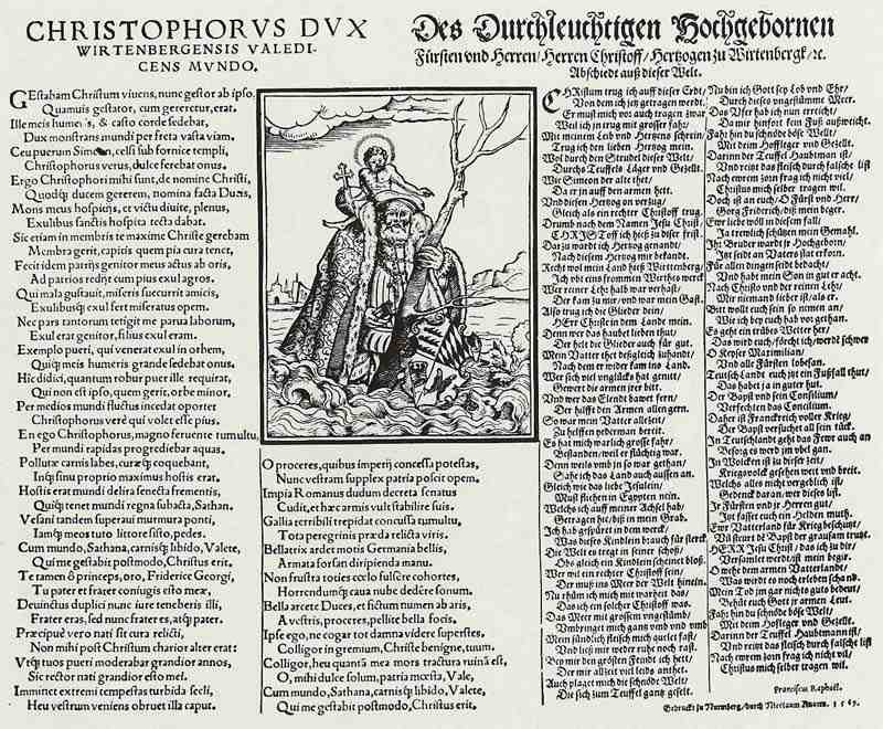 Commemorative text of Duke Christoph of Württemberg as Holy. Christophorus. Nicolaus Knorr
