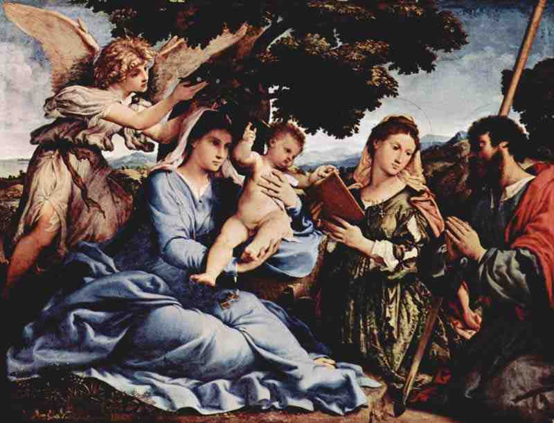 Mary with St Catherine of Alexandria, St. James the Elder and an angel. Lorenzo Lotto