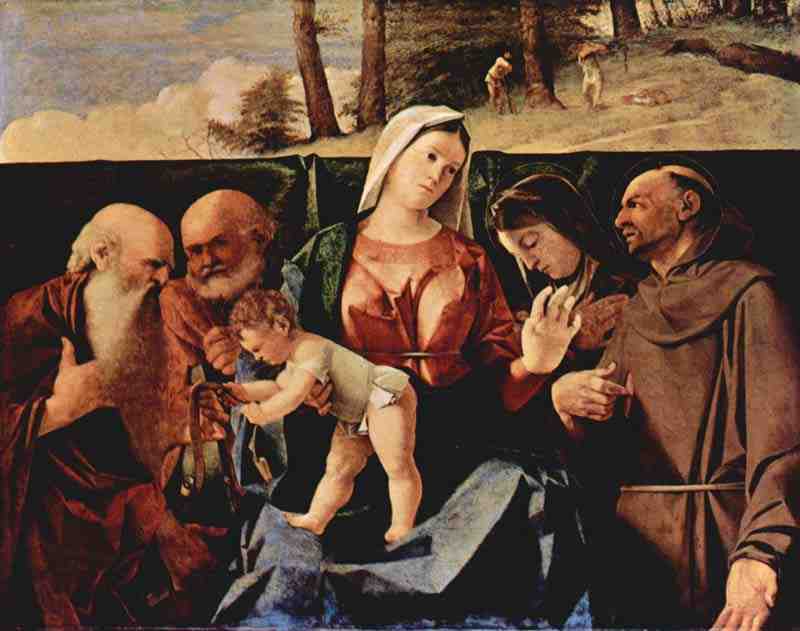 Enthroned Madonna and Saints, left: St. Jerome and St. Peter, right: St. Clare and St. Francis. Lorenzo Lotto