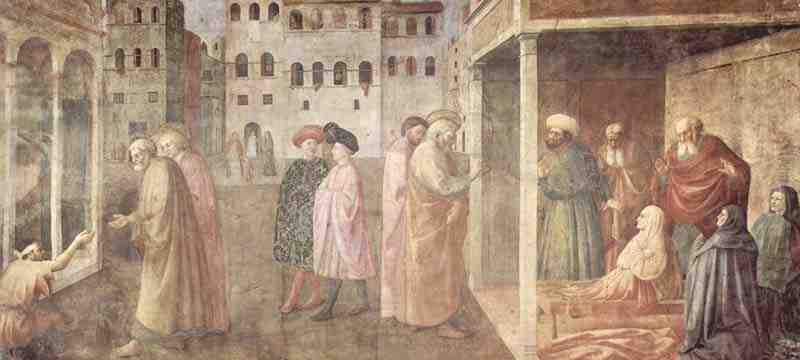 Frescoes of the Brancacci Chapel in Santa Maria del Carmine in Florence, scenes from the life of Peter scene: healing a lame man by Peter and John and resurrection of Tabitha, by Masaccio: architecture in the background. Masolino