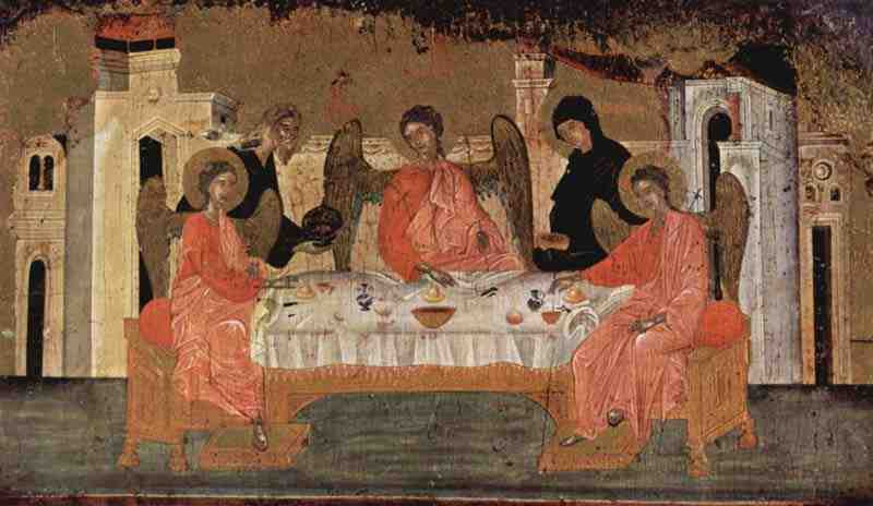 Visit of the three angels with Abraham and their hospitality. Master of the icon of the Trinity