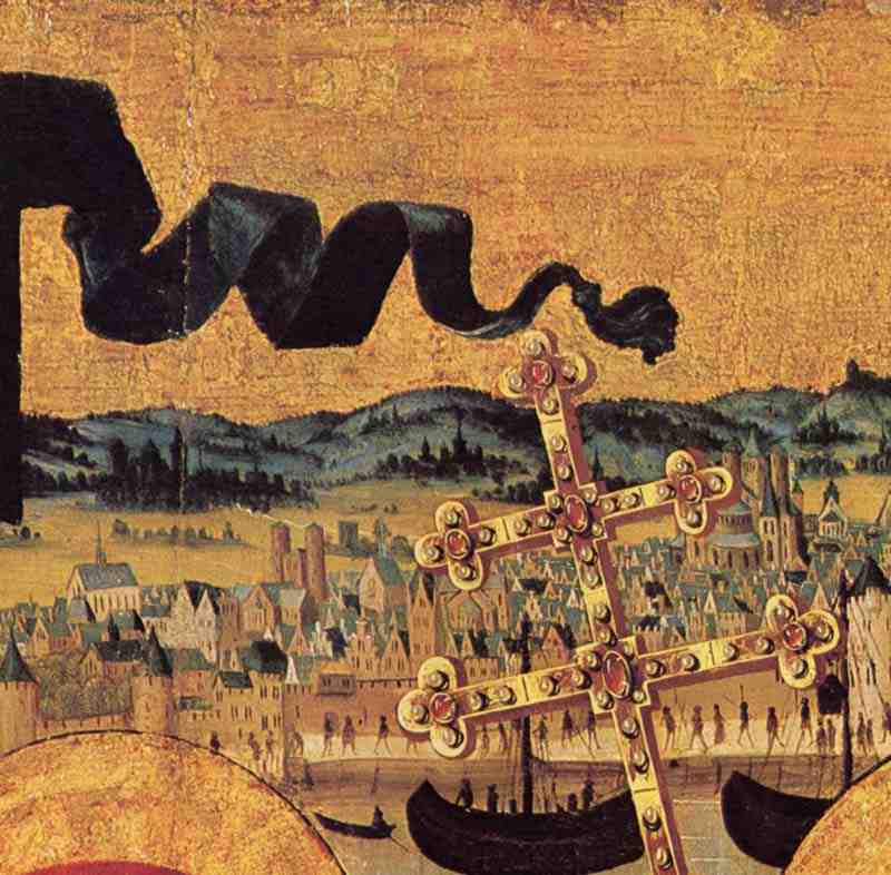 Cologne general view with seven mountain panorama (detail, Carthusian, St. Pantaleon, St. George and St. Apostles). Master of the Glorification of the Virgin
