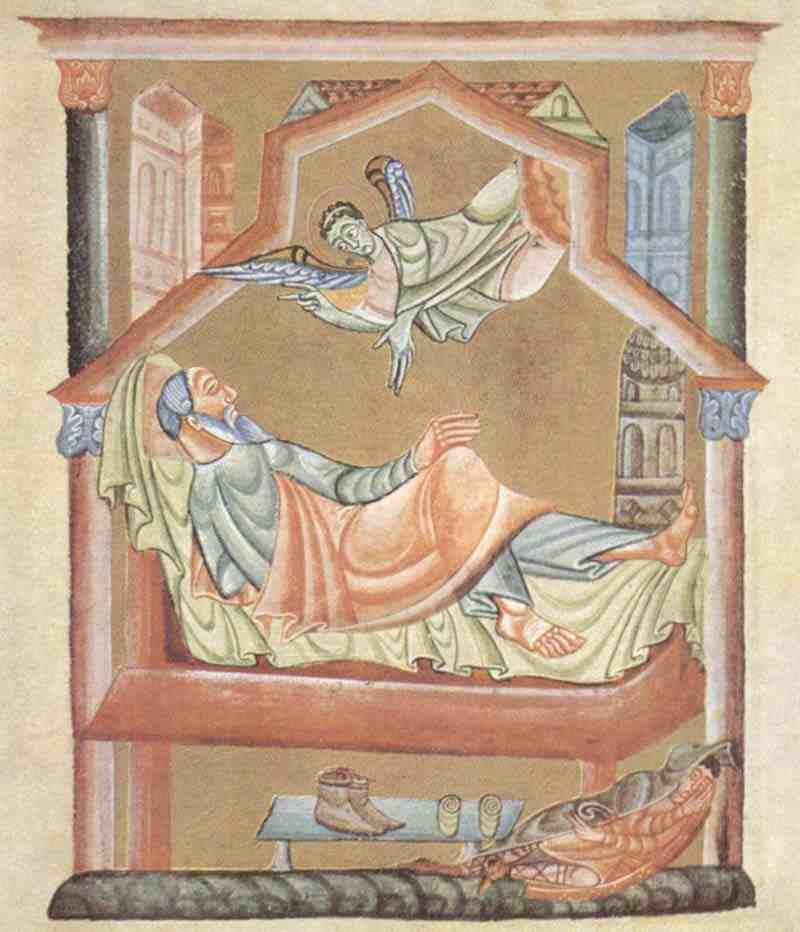 Pericope book of Henry II, scene: Joseph's dream. Master of the Pericope Book of Henry II.