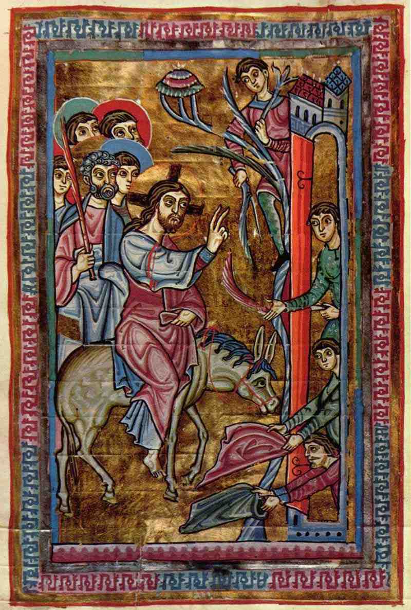 Pericope book of St. Erentrudr in Salzburg, scene: Christ's entry into Jerusalem. Master of the Pericope Book of St. Erentrude