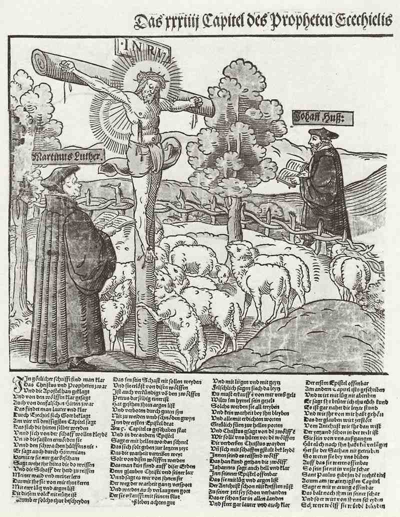 Martin Luther and Johann Hus in front of the crucified Christ, Master M S