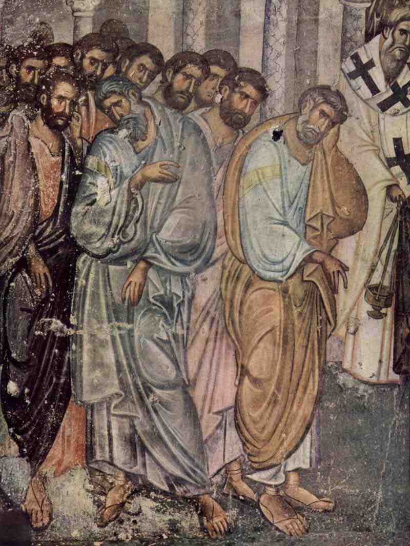 Frescoes in the church of Sopocani, scene: Death of Mary, detail: mourning disciples, fragment. Master of Sopocani