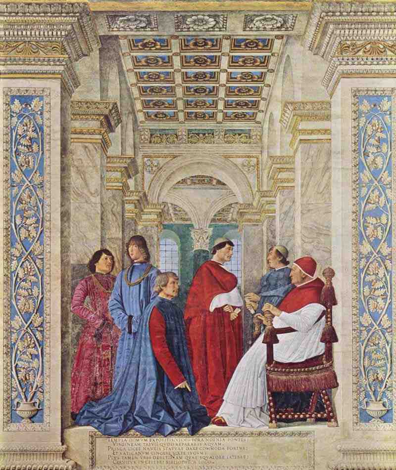 Pope Sixtus IV appoints Platina as Prefect of the Library. Melozzo da Forlì