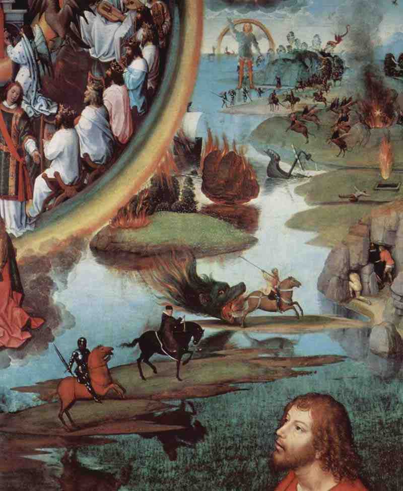Triptych of the Mystical Marriage of St. Catherine of Alexandria, right wing: Saint John the Evangelist in Patmos, detail,Hans Memling