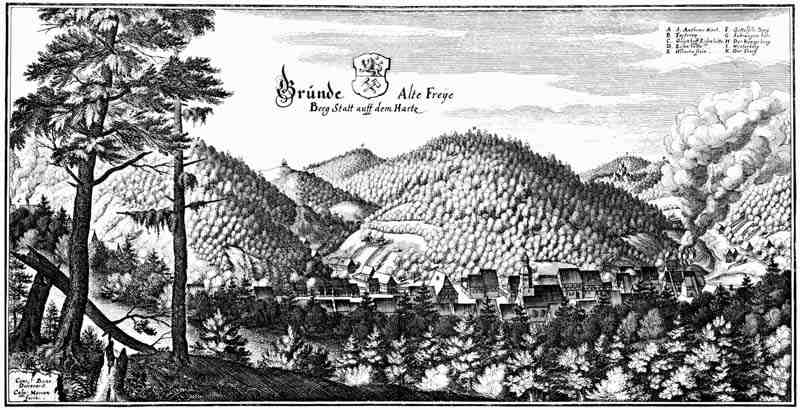 Bad Grund (Harz), View from the southeast, right ironworks and Iberg. Caspar Merian