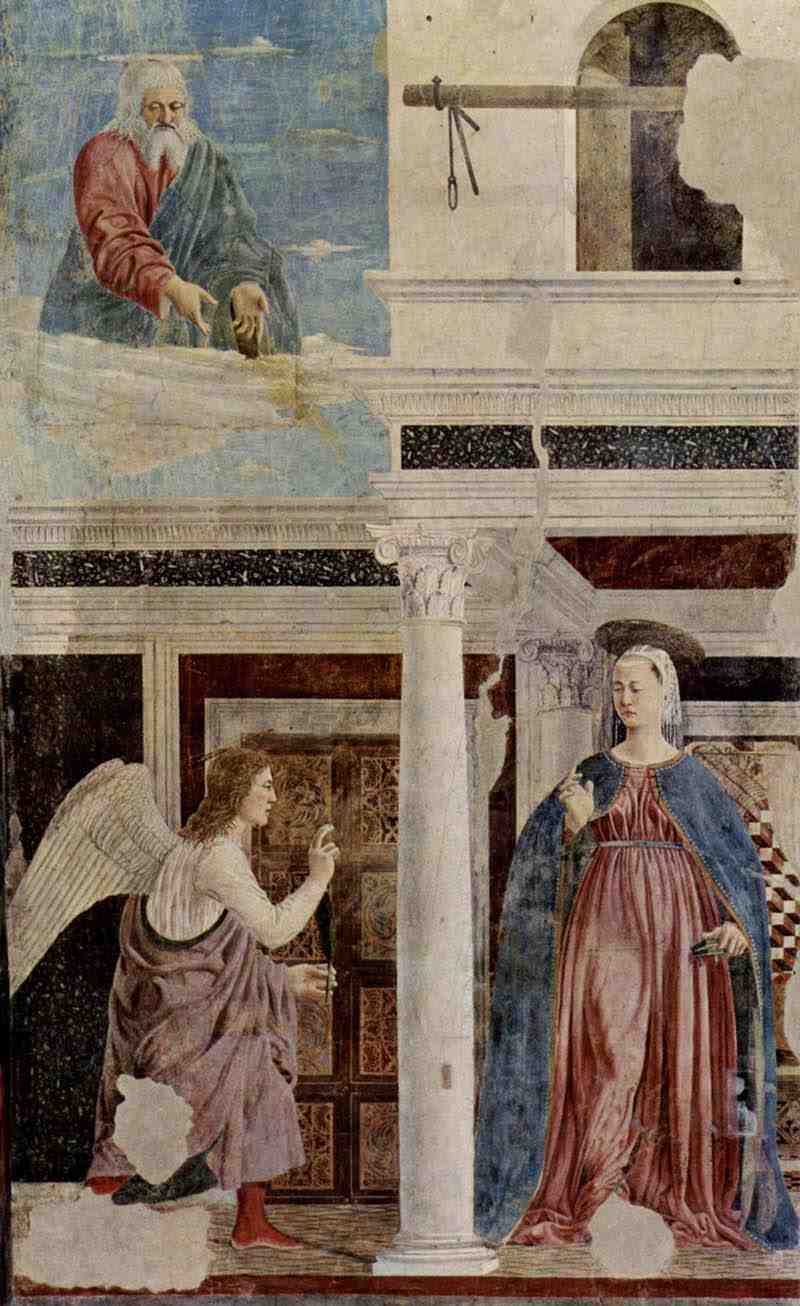 resco cycle of the Legend of the Holy Cross  in the choir of San Francesco in Arezzo detail: Annunciation, Piero della Francesca
