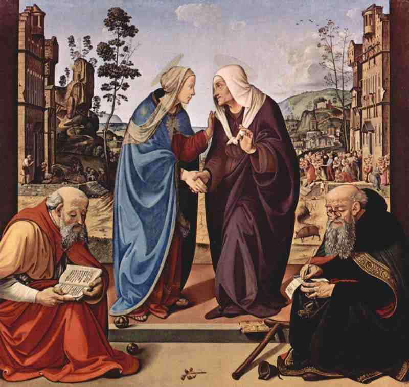 Visitation scene: Mary and St. Elizabeth, St. Nicholas and St. Anthony,, Piero di Cosimo