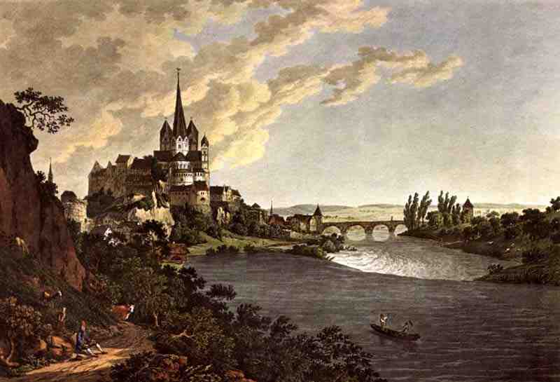 Limburg an der Lahn, general view with Cathedral Hill and Lahn. Friedrich Christian Reinermann