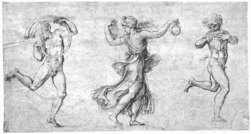 Dancing Bacchante between fauns. Giulio Romano