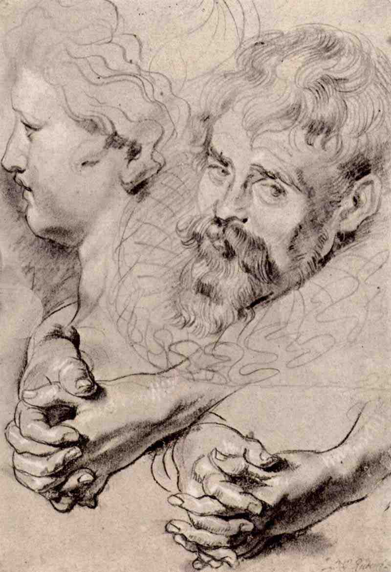 Study sheet with folded hands, a women's and a men's head. Peter Paul Rubens