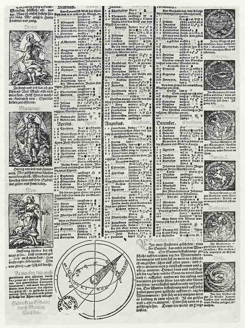 Calendar of year 1556 with the seven planets and the twelve zodiac signs. Melchior Sachse the Younger