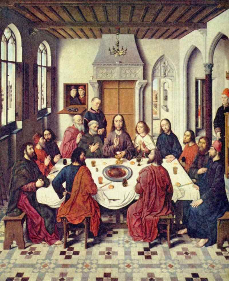 Altar in St. Peter in Louvain, establishment of the Holy Supper, central panel: the establishment of the Holy Supper. Dieric Bouts
