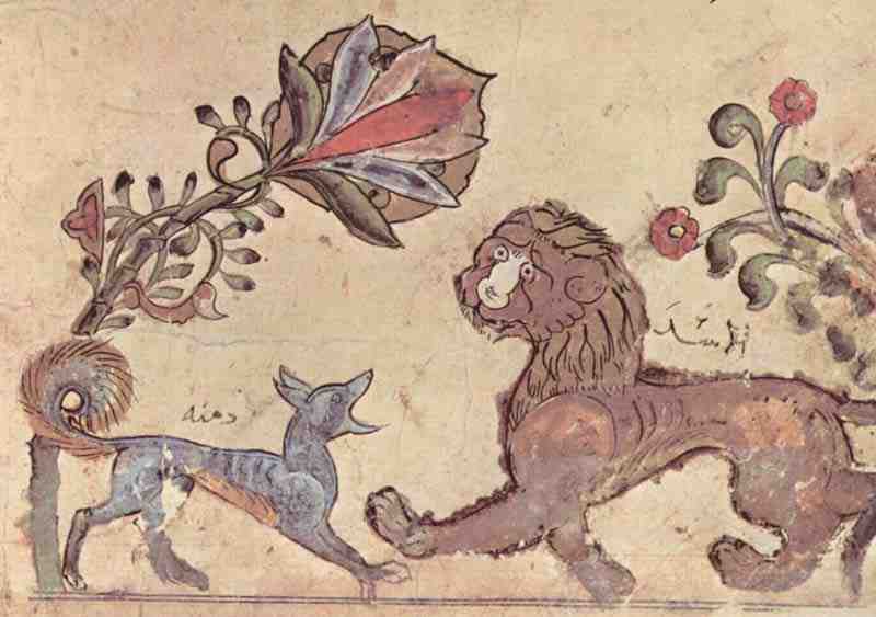 Kalīla and Dimna, Jackal Fairy Tale, Scene: The Lion and the Jackal Dimna. Syrian painter around 1210
