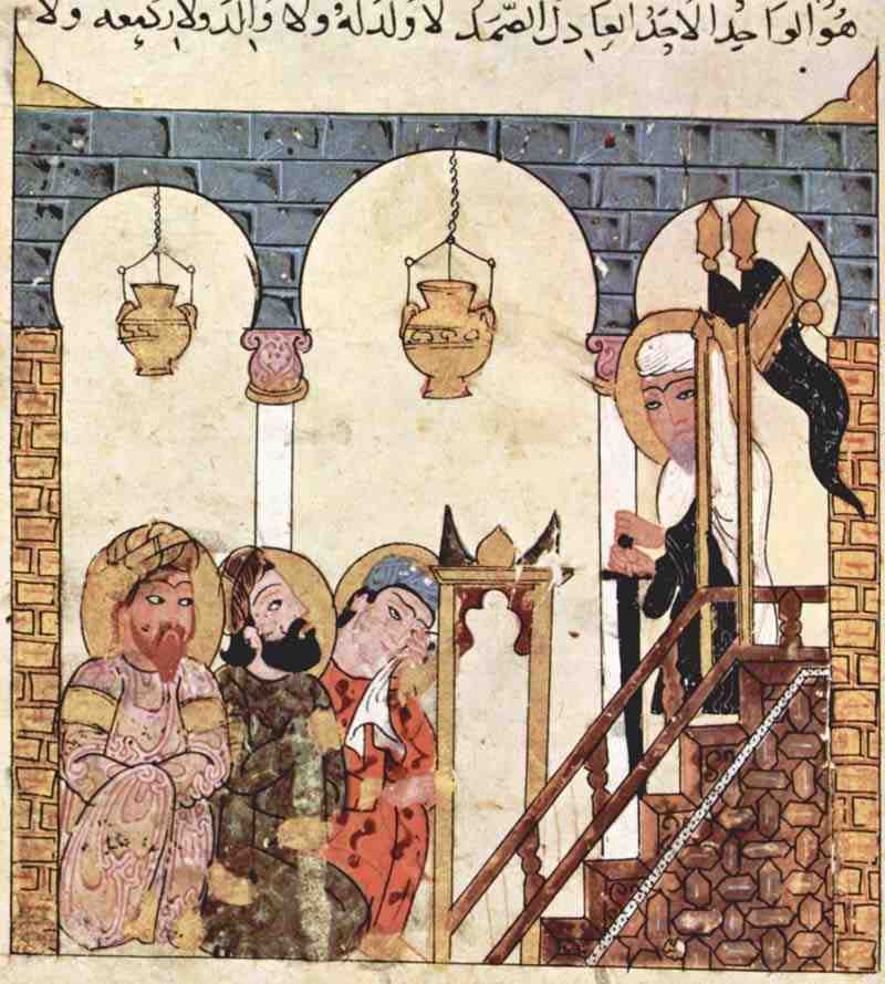 Maqâmât (Assemblies) of al-Harîrî, Scene: Abû Zayd preaches in the Morchee of Samarkand (28th May). Syrian painter around 1300
