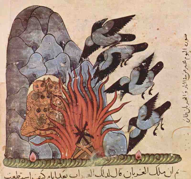 Kalila and Dimma from Bidpai, scene: The crows fan the fire with their wings, the owls burn. Syrian painter around 1310