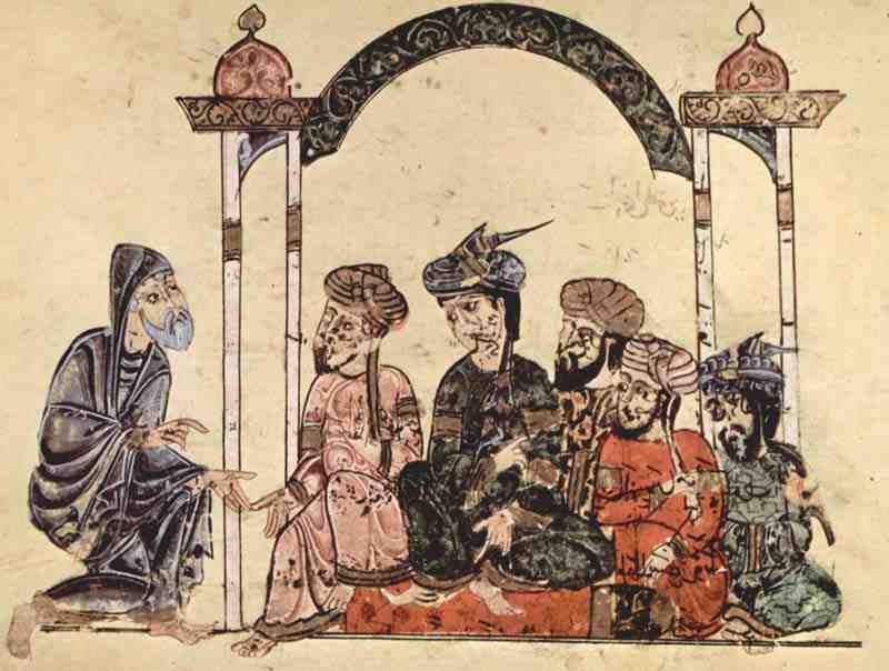 Maqâmât (Assemblies) of al-Harîrî, scene: Abû Zayd speaks to a gathering in Najrân (42nd Maqâmât). Syrian painter of 1222