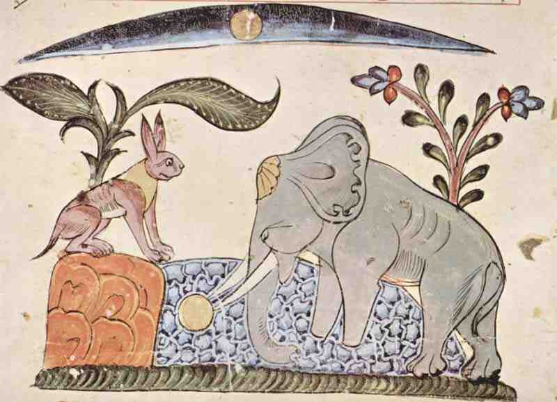Kalila and Dimma from Bidpai, scene: The hare and the elephant king in front of the reflection of the moon in the spring. Syrian artist of 1354