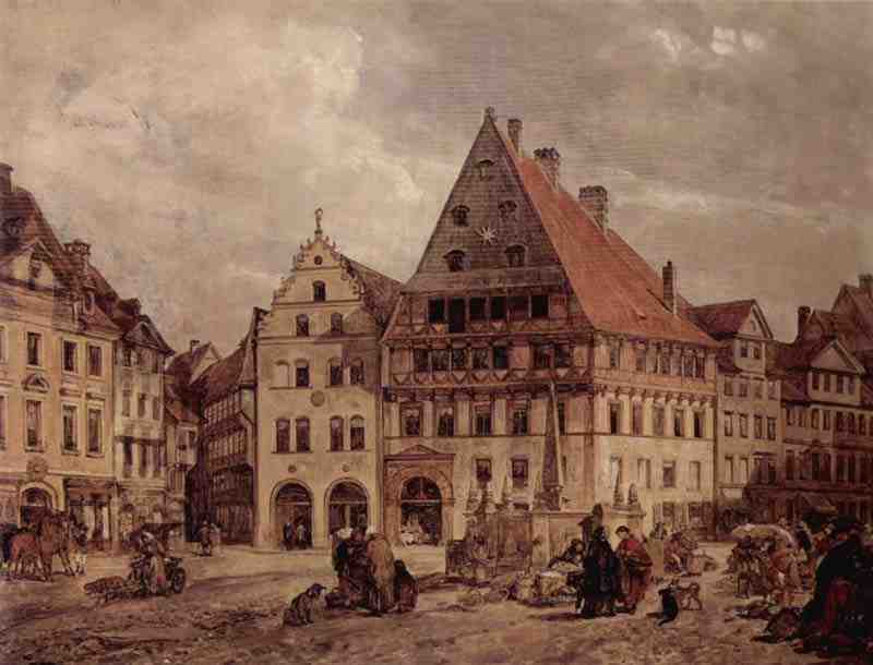 Branschweig, Coal market from the west with houses  Zum Stern and Zur Rose. Ludwig Andreas Christian Tacke