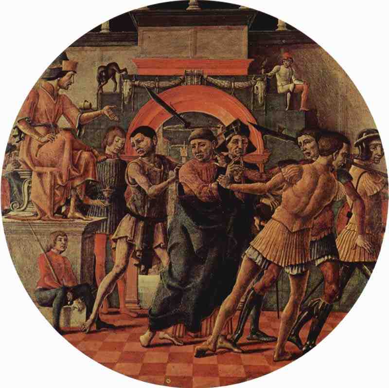 Altarpiece of Maurelius scene: condemnation of Maurelius, Tondo. Cosmè Tura