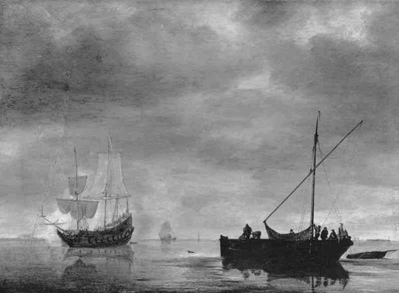 Frigate and fishing boat in calm seas. Simon de Vlieger