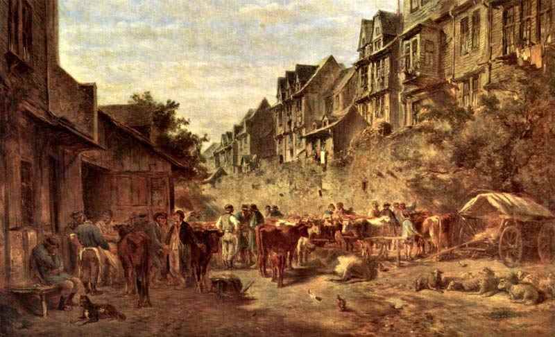 Frankfurt am Main, Jews wall with houses backs of the Jewish street, cattle market and Youth Hostel  The Golden Air, Anton Burger