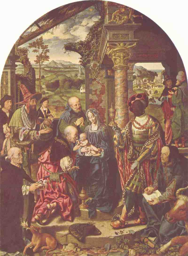 The (large) Adoration of the Magi with St. Dominic and St. Lucas. Joos van Cleve