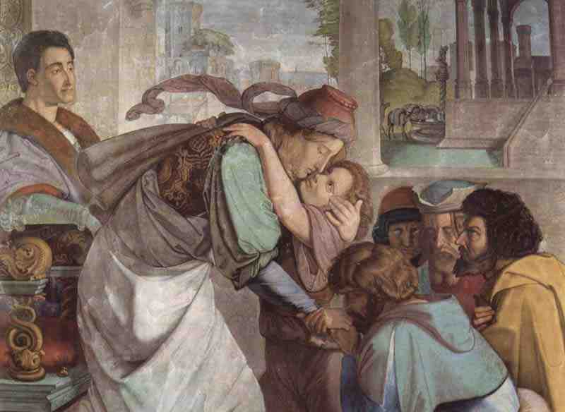 Frescoes of the Casa Bartholdy in Rome, scene: Joseph gives himself to his brothers recognize detail, Peter von Cornelius