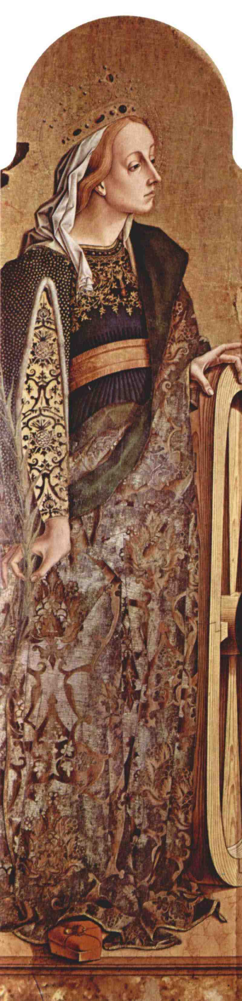 Altarpolyptychon of San Francesco at Montefiore dell 'Aso, left outer panel: St. Catherine of Alexandria. Carlo Crivelli