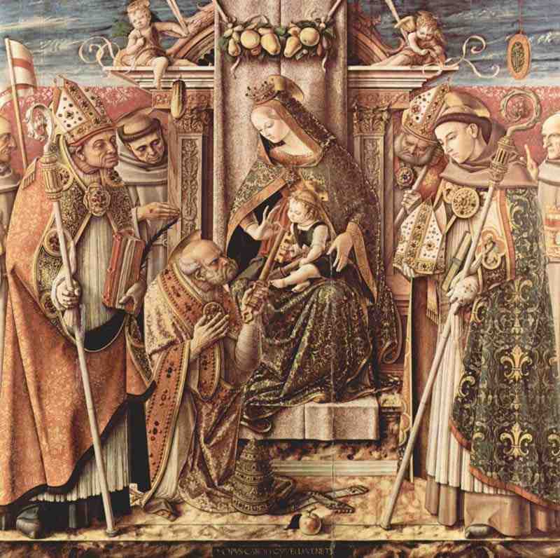 The handover of the key scene: Throne Ending Madonna with Christ Child, which St. Peter hands over the keys. Carlo Crivelli