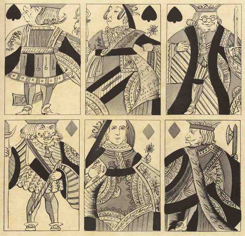 Cartoon playing cards: Jack, Queen, King (Spades), Jack; Queen, King (diamonds). Alfred Crowquill