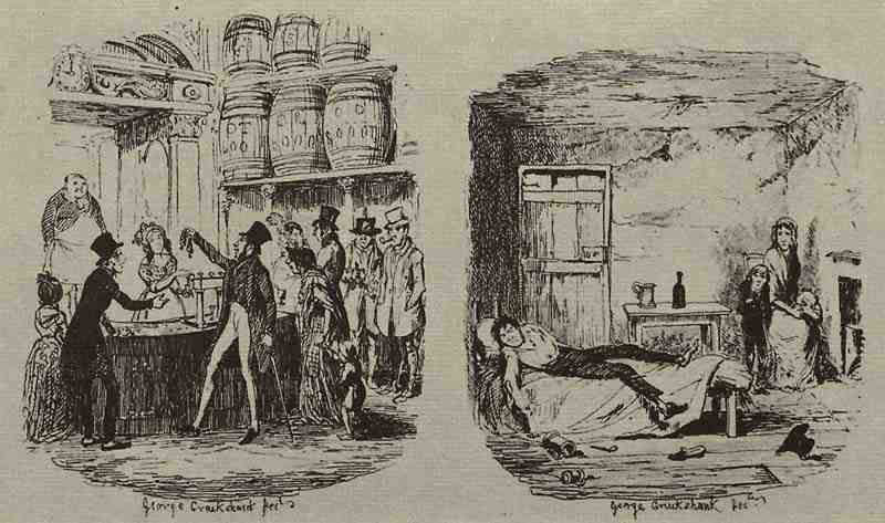 The terrible consequences of alcohol: the gin palace and Des drinker home. George Cruikshank