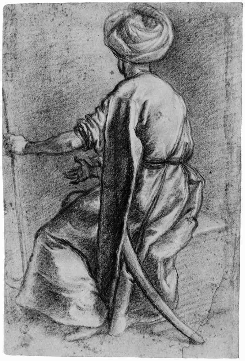 Back figure of a seated person wearing a turban. Francesco Curradi