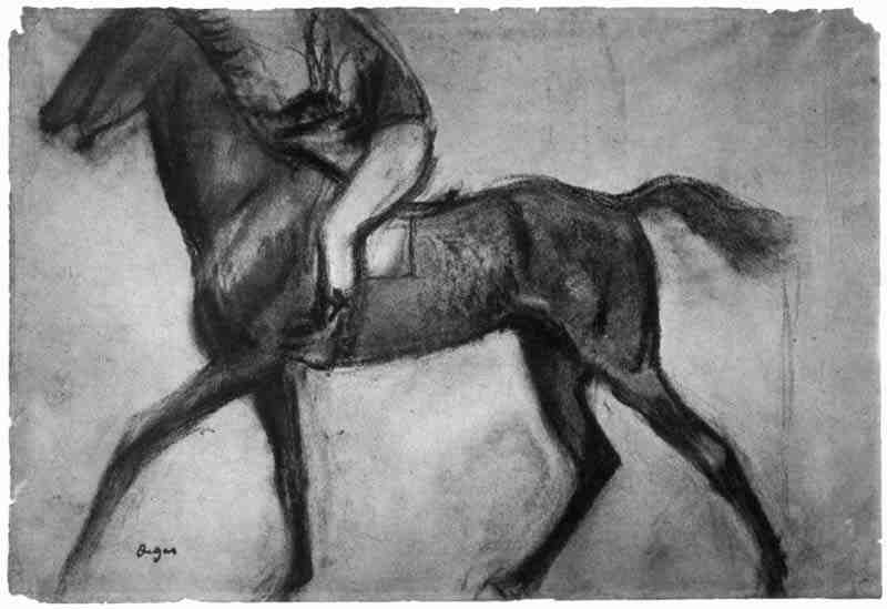 Jockey on trotting horse, in profile, Edgar Degas