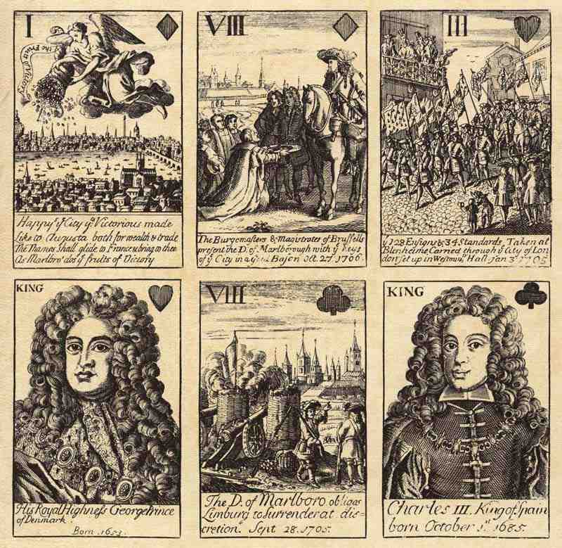 Playing cards depicting the victories of the Duke of Marlborough from 1702-1706. English etcher around 1708