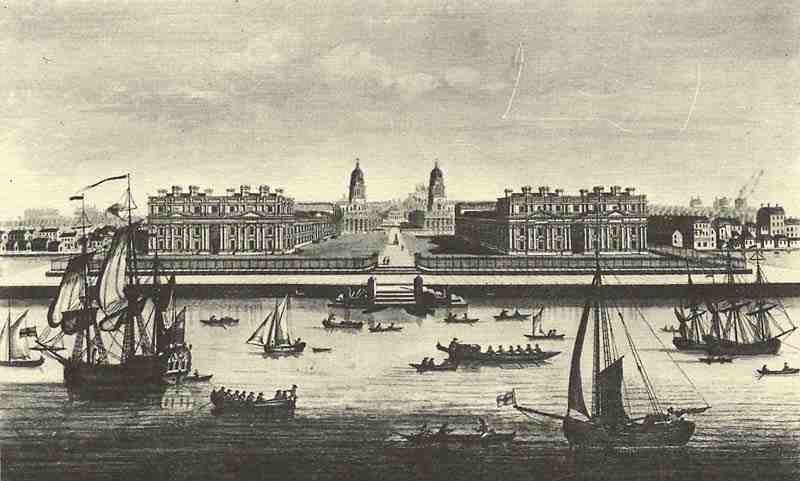 View of the Royal Hospital of Greenwich from the Thames. English etcher around 1780 (version