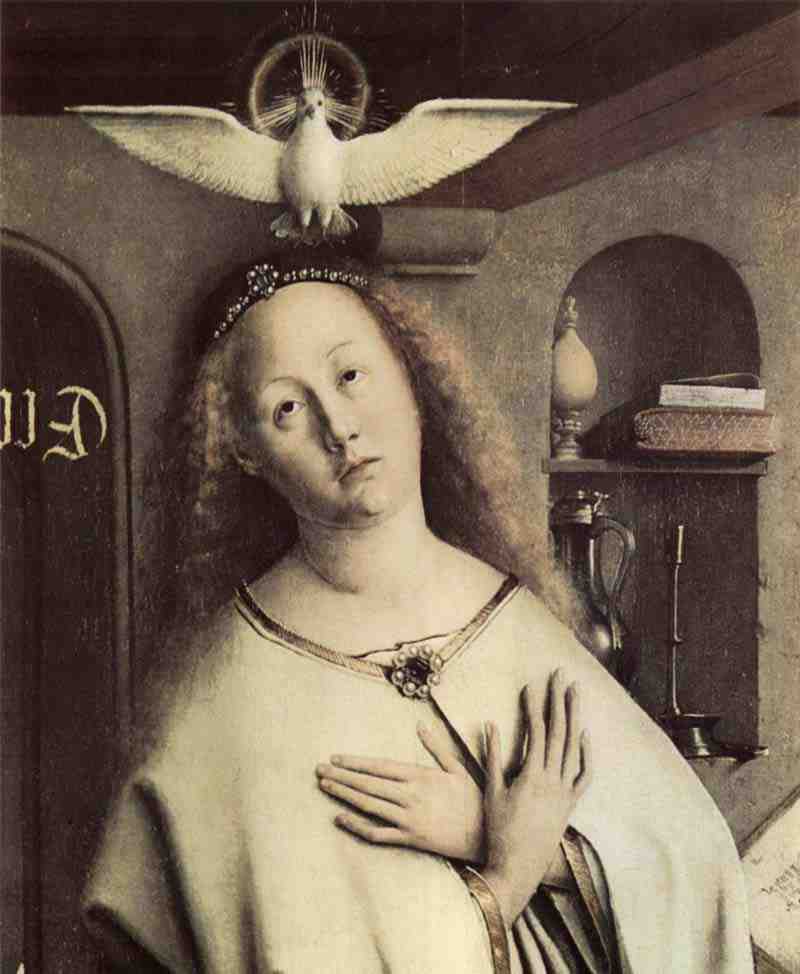Ghent Altarpiece, Altar Of The Mystic Lamb, Right Wing wing, middle exterior scene: Virgin of the Annunciation, detail. Jan van Eyck
