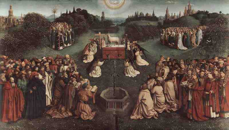 Ghent Altarpiece, Altar of the Mystic Lamb, main board, scene: The Adoration of the Mystic Lamb. Jan van Eyck