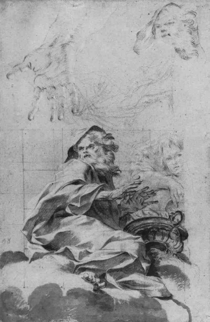 Study sheet with the personification of winter and two nymphs with a water jug as well as detailed sketches. French painter of the 18th century