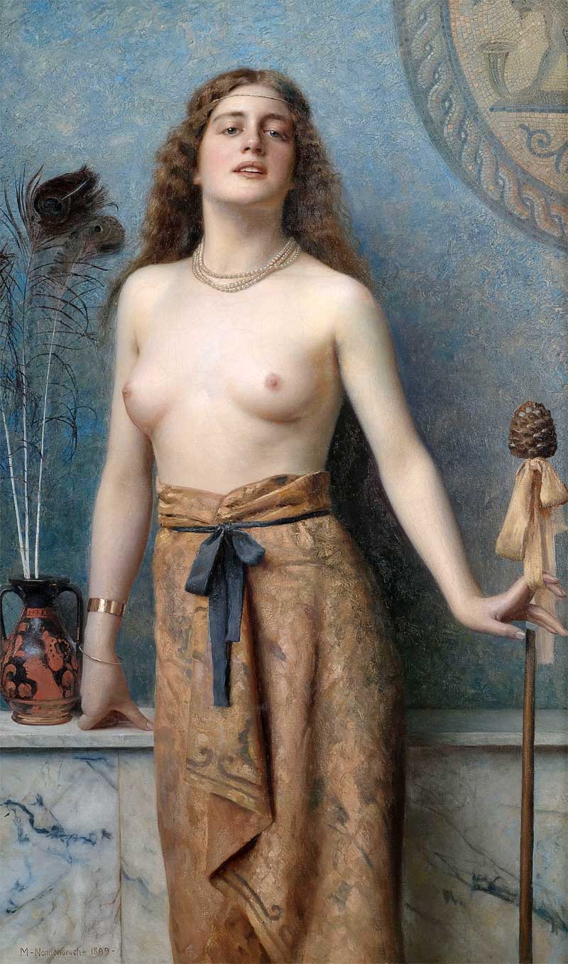 Young Bacchante with thyrsus against a marble parapet with a red-figure vase with peacock feathers. Max Nonnenbruch