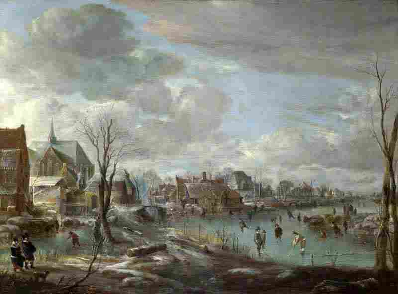 A Frozen River near a Village, with Golfers and Skaters. Aert van der Neer