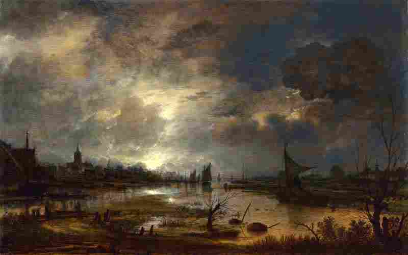 A River near a Town, by Moonlight. Aert van der Neer