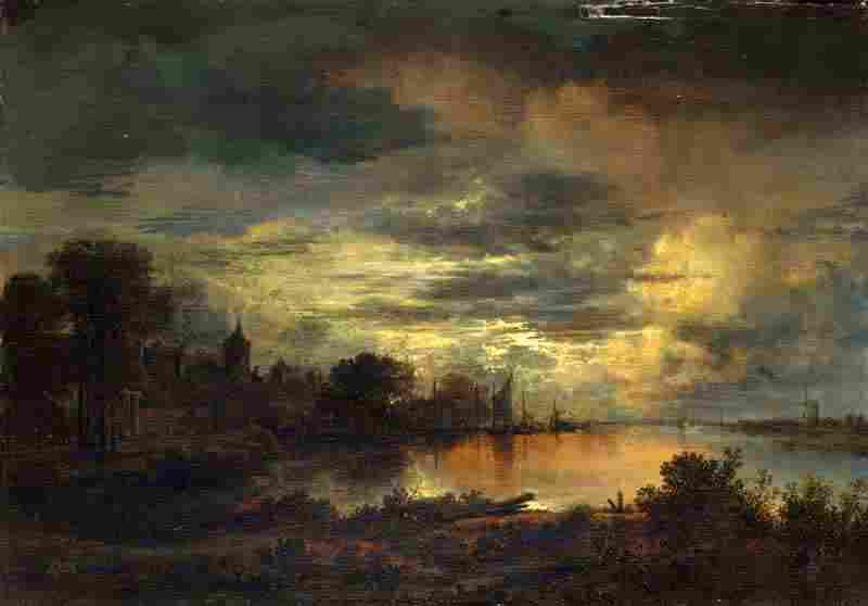 A Village by a River in Moonlight. Aert van der Neer