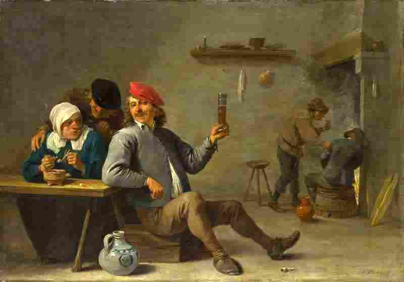 A Man holding a Glass and an Old Woman lighting a Pipe. David Teniers the Younger
