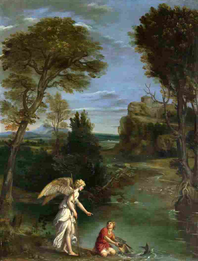 Landscape with Tobias laying hold of the Fish. Domenichino