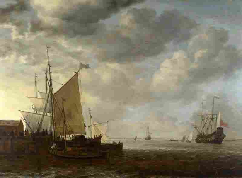 A View of an Estuary, with Dutch Vessels at a Jetty and a Dutch Man-of-War at Anchor. Simon de Vlieger