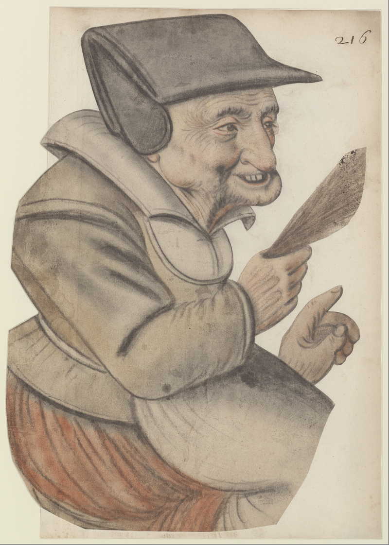 Old woman sitting holding a brush in her right hand, three-quarter view to the right. Nicolas Lagneau